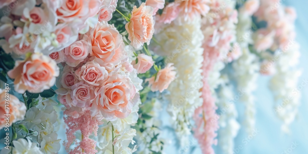 Poster a beautiful arrangement of pink and white flowers hanging from a wall. perfect for adding a touch of