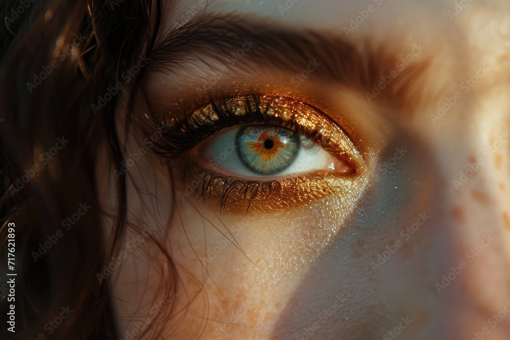Poster a close-up view of a person's eye with gold glitter accentuating the eyelid. perfect for adding a to