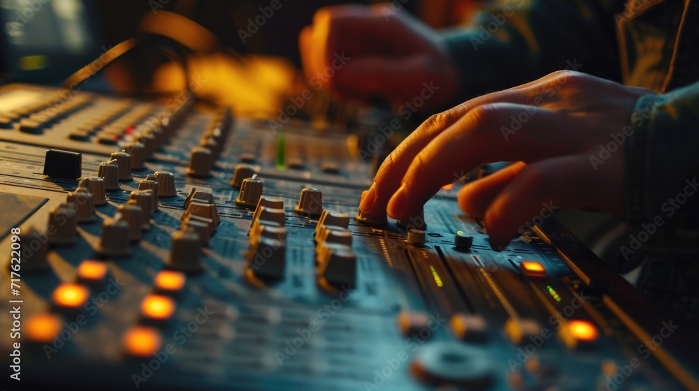 Poster Close-up view of a person's hands operating a sound mixer. Suitable for audio engineering and music production concepts