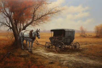 Fototapeta na wymiar painting of horse carriage in rural setting. Generative AI