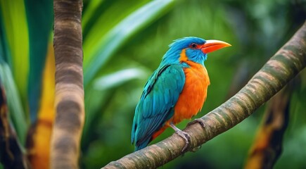 colored beautiful bird sitting on the tree in the jungle, colored wild bird, colored wild bird sitting on the branch of tree in jungle