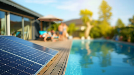 Modern solar powered swimming pool pump with visible solar panels and wooden deck , people in blurry backdrop