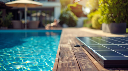 Modern solar powered swimming pool pump with visible solar panels and wooden deck , people in blurry backdrop - obrazy, fototapety, plakaty