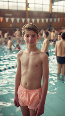 Boy standing next to an indoor public swimming pool, swimming school lesson concept with schoolboy wearing pink swim shorts