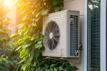 Heat pump on house wall with green plants and sun light - Powered by Adobe