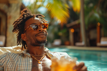 Young black afro american man hotel guest sipping a cocktail in the outdoor hotel swimming pool during summer holidays