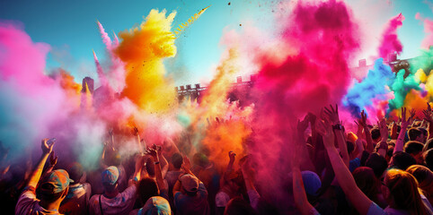 Fototapeta na wymiar Holi party celebration, explosion of color, cloud of colors and people. Generated Artifiacil Intelligence