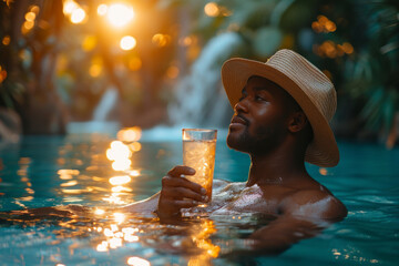 Young black afro american man hotel guest sipping a cocktail in the outdoor hotel swimming pool during summer holidays - Powered by Adobe