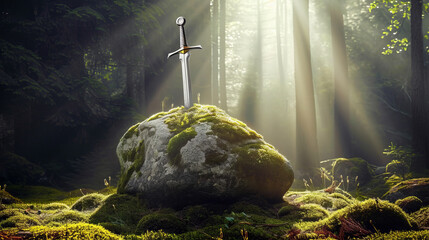 Sword stuck in a rock like in the Excalibur legend , the mythical sword of king Arthur - obrazy, fototapety, plakaty