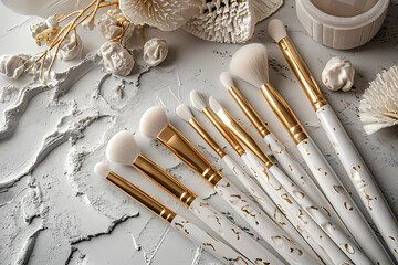 cosmetic tools and brushes, featuring metal, steel, and wood elements in a close-up view