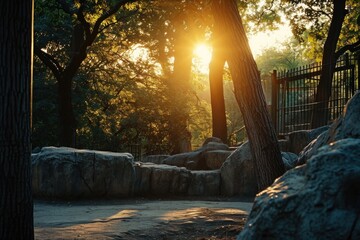 Sunlight shines through the trees in a zoo enclosure. Perfect for nature and wildlife enthusiasts.