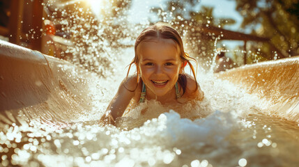 Happy young girl kid sliding down a water slide during summer holidays having fun doing outdoor activities