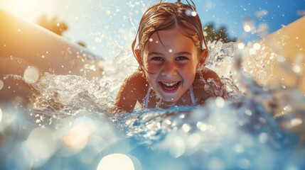 Fototapeta na wymiar Happy young girl kid sliding down a water slide during summer holidays having fun doing outdoor activities