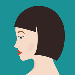Portrait of a fashion woman. The head in profile of a European brunette woman. Face of girl. Flat design for for landing page, banner, social Media Avatar. Color vector illustration