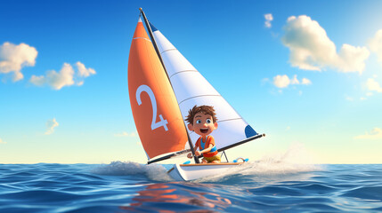 cartoon cute sailing athlete in the sea