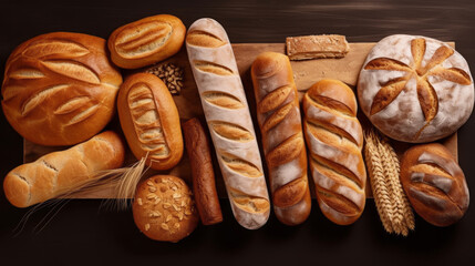 Different types of bread in the bakery. Various bakery products. Handmade Bakery Delights.