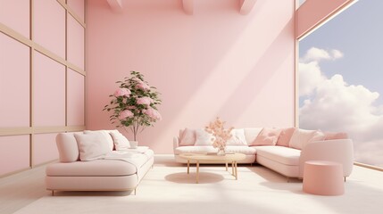 Fototapeta premium The airy window view with a sofa in modern pink living room.