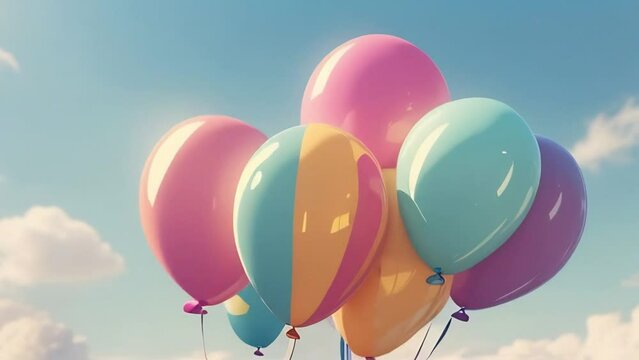 Colorful balloons with a retro filter effect on a blue sky background. Happy children's holiday concept in summer
