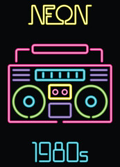 1980s Sound System, Neon Light Boombox 80s Style Retro Poster 
