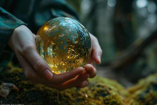 Hands holding a glowing colorful glass or crystal magic ball. Blurred nature background. Fortune Teller woman's hands holding magic ball