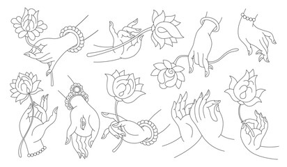 Set of outline hands and flowers. Buddha hands, gestures, religious buddhist symbols. Mudra, lotuses, meditation. Logo design.