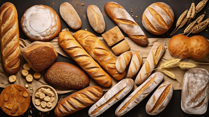 Different types of bread in the bakery. Various bakery products. Handmade Bakery Delights. - obrazy, fototapety, plakaty