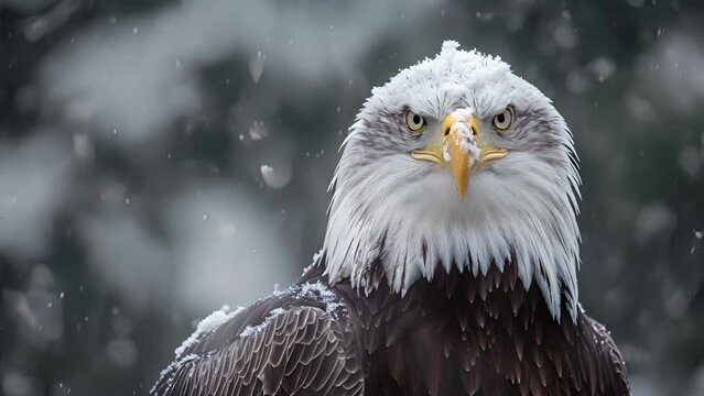 Closeup of a regal bald eagle eyes fixed intently on its surroundings as snowflakes delicately land on its head.