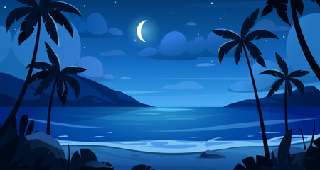 Night sea landscape. Vector illustration of seascape with tropical island, palm tree, mountains, rock, ocean, sand beach, moon, stars and clouds. Horizon coastline. Dark summer scenic view with ocean