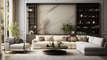 A modern living room with bookshelf and comfortable sofa.