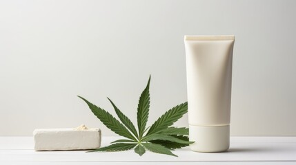 Organic cosmetic and beauty product for body and face care with hemp leaf extract. Bottle of face or body cream and hemp marijuana leaves. Trendy hemp cosmetics and green leaves