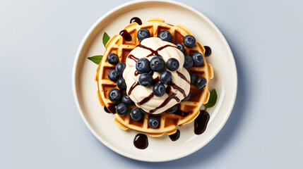 Homemade waffles with blueberries chocolate sauce