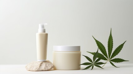 Fototapeta na wymiar Organic cosmetic and beauty product for body and face care with hemp leaf extract. Bottle of face or body cream and hemp marijuana leaves. Trendy hemp cosmetics and green leaves
