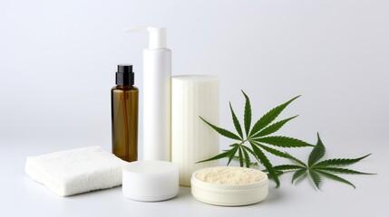 Obraz na płótnie Canvas Organic cosmetic and beauty product for body and face care with hemp leaf extract. Bottle of face or body cream and hemp marijuana leaves. Trendy hemp cosmetics and green leaves