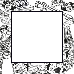 vector illustration of Japanese food theme with rolls, sushi, sashimi, soy sauce, chopsticks, hand drawn inked monochrome sketch of seafood, frame isolated on white background