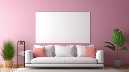 A modern living room with a couch in front of a blank banner on wall.