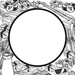 vector illustration of Japanese food theme with rolls, sushi, sashimi, soy sauce, chopsticks, hand drawn inked monochrome sketch of seafood, frame isolated on white background