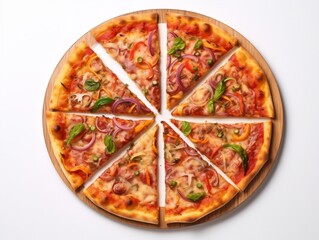 Fototapeta na wymiar Pizza being cut into pieces on white background