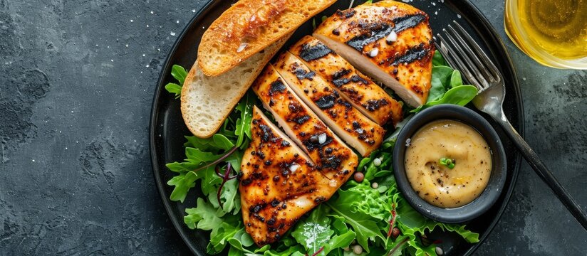 Grilled chicken breast with lamb's lettuce salad, baguette, and Dijon mustard.