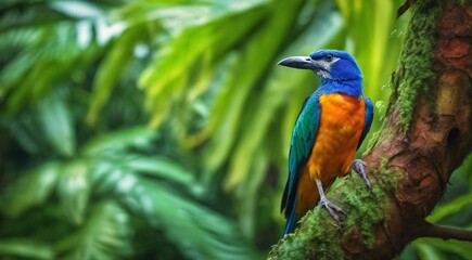 colored beautiful bird sitting on the tree in the jungle, colored wild bird, colored wild bird sitting on the branch of tree in jungle