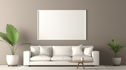 A modern living room with a couch in front of a blank banner on wall.