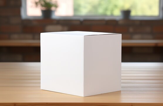 A box made of white paper, in the photo on a wooden table. generative AI