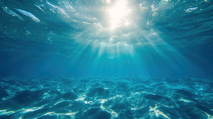 Fototapeta na wymiar Blue sea underwater background with rays sunlight shining