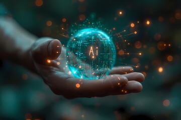 a hand holding AI or artificial intelligence symbol. Modern futuristic AI technology circuit board concept