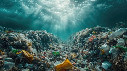 Impact of Plastic Waste on Oceans. Plastic waste piles on beaches or in oceans, highlighting their impact on marine ecosystems and related global warming issues. - obrazy, fototapety, plakaty