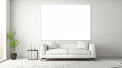 A modern living room with a couch in front of a blank banner on wall.