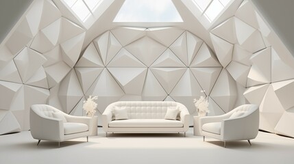 A living room with a couch and two chairs in front of a geometric wall and a skylight on ceiling roof.