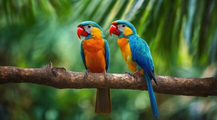 colored beautiful bird sitting on the tree in the jungle, colored wild bird, colored wild bird sitting on the branch of tree in jungle