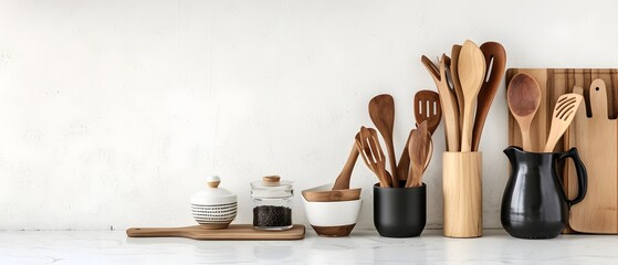 kitchen utensils, set of kitchen utensils on table against light background with space for text - obrazy, fototapety, plakaty