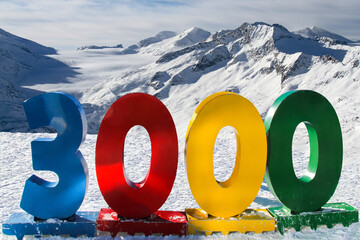 3000 colourful tourist inscription glacier view on the mountains of the tonale pass
