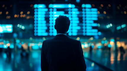 Businessman viewing airport flight schedules, travel theme.
